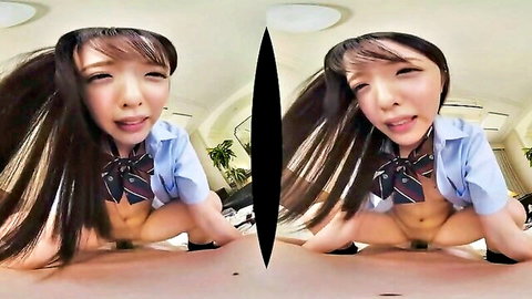 Japanese schoolgirl squats spreading shaved pussy in seductive POV VR uniform tease