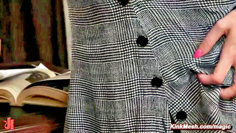 Bound wife in plaid dress teasing buttons in husband anal roleplay