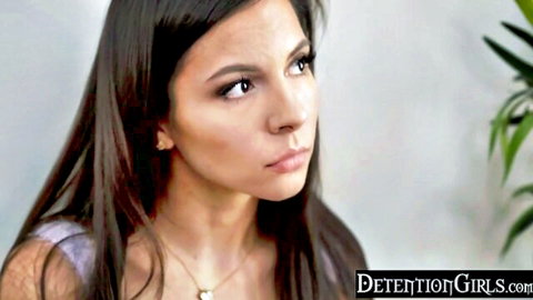 Brunette Latina with cleavage looking pensive in Detention Girls