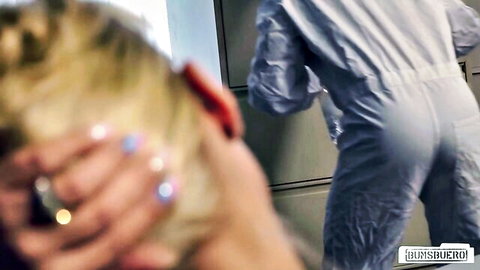 Blonde woman's bare ass cheek gripped hard by purple-nailed hand in unzipped white jumpsuit
