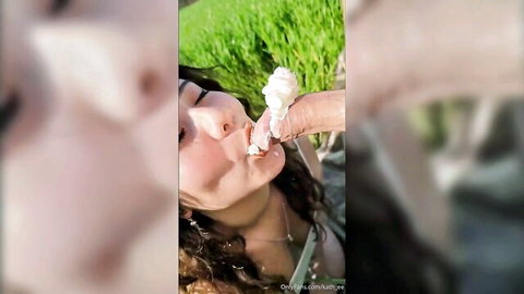 Kathee hot babe outdoor blowjob with cum on dick