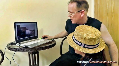 Old man boyfriend and naughty teen in straw hat watch creampie porn on laptop