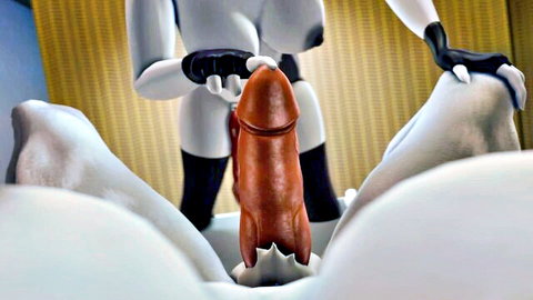 Gloved white Stormtrooper hands guiding thick veiny tan dildo into tight white pussy lips