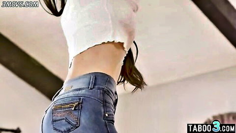 Sofie Marie in tight jeans and crop top, teasing from behind as stepmom