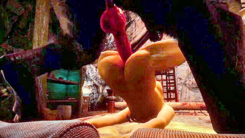Tanned naked babe spreads ass cheeks for huge pink dildo deep in wet pussy doggy style dungeon