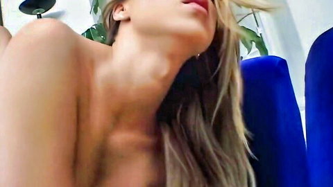Autumn Austin blonde topless with head tilted back in ecstasy during oral