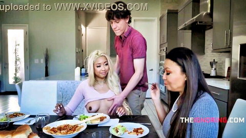Asian blonde stepdaughter groped topless at table by man, brunette watches