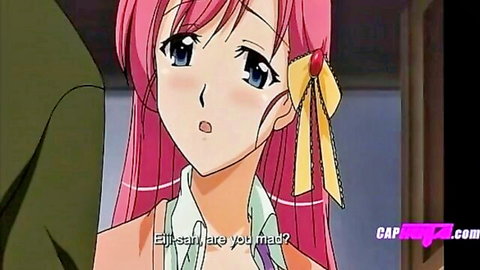 Pink-haired anime girl in green top with yellow ribbon, surprised expression in hentai masturbation scene