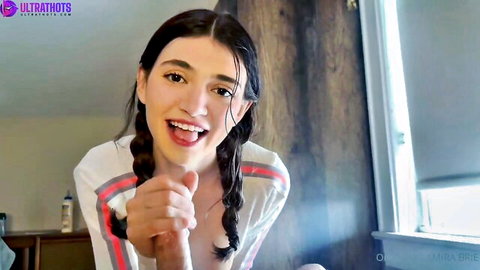 Amira Brie lazy morning blowjob with dripping cum on tongue