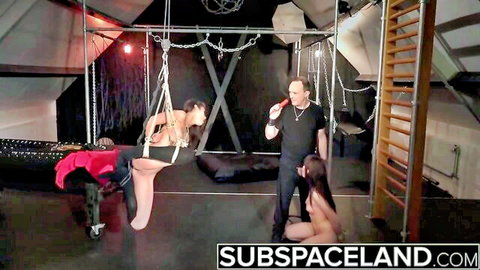Two hogtied slaves in BDSM bondage, naked and suspended with dominant man
