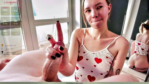 Skyisland777 skinny Asian in heart lingerie giving blowjob mirror view