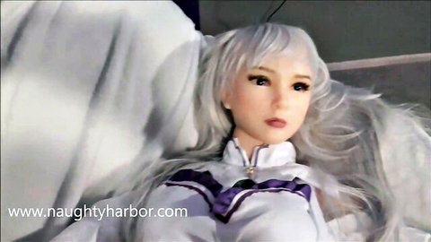 Silver-haired anime cosplay doll in seductive white outfit pose