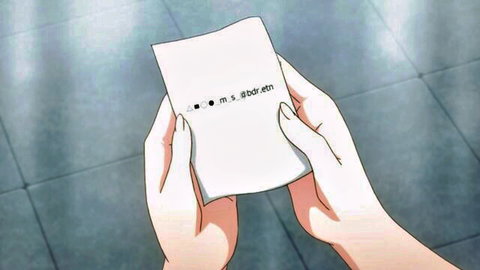 Anime hands holding note in tiled shower scene from romantic couple video