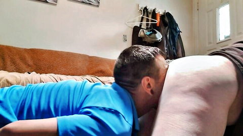 Hispanic guy in blue shirt gives intense ass job to big white booty tramp