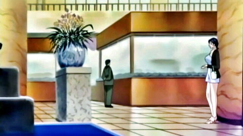 Busty anime hentai babe with huge tits in short skirt at hotel lobby reception