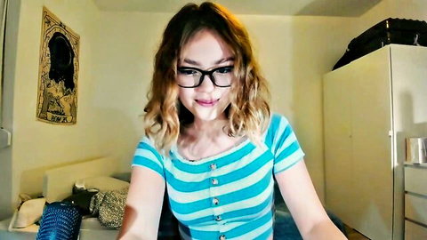 Shy 18yo Asian camgirl Kawa_ka smiling in striped top and glasses