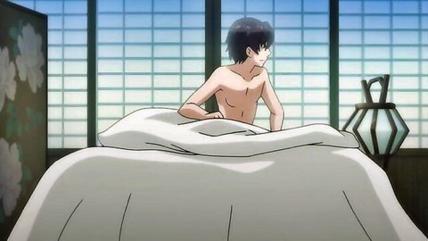 Anime Japanese boy shirtless on bed, covering lower body with sheets