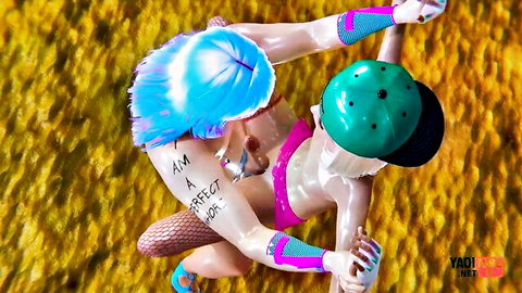 Shiny blue-haired hentai doll girl skate poses nude exposing perfect tits and glossy pussy