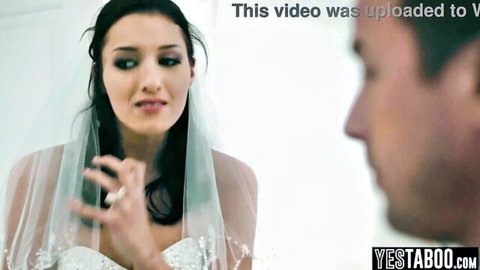 Brunette bride in veil stares at man suggestively on cheating wedding day