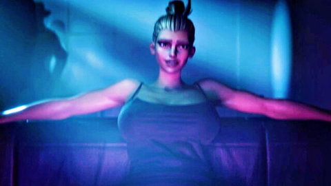 Sue and Emma cyberpunk duo: busty woman in tank top poses seductively in neon blue glow