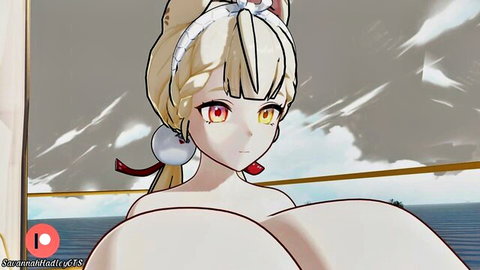 Blonde anime girl Alice with massive breasts in low-cut white dress by the sea