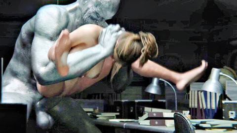Blonde Claire in full nelson with muscular silver alien, big breasts exposed