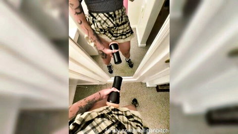 Julia Molligan standing mirror masturbation with dildo, plaid skirt upskirt