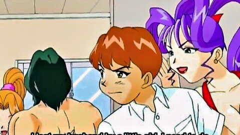 Hentai anime girls with purple ponytails whisper and kiss red-haired boy near muscular green-haired guy's bare back in locker room