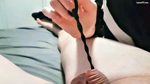 Femdom mistress in stockings sounding little penis slave with urethral rod