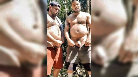 HairyGooner bears in forest pulling down shorts for rapid bate and blowjob exposure