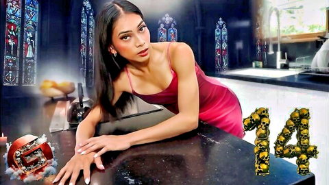 Sultry Asian trans woman in red slip dress posing seductively for Halloween