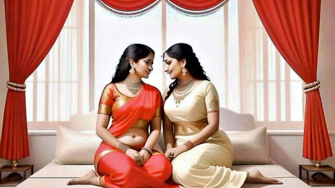 Two sensual Indian women in revealing sarees expose navels and curves sitting intimately on bed