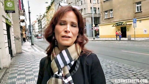 Redhead American MILF in scarf and coat on Prague street, candid amateur vibe