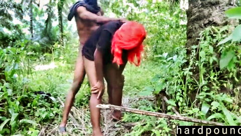 Big black cock pounds redhead pussy doggy style outdoors in jungle