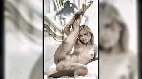 Slim blonde with small tits nude on bed lifts leg high exposing shaved pussy