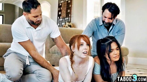 Hispanic teen and redhead BFF held by stepdads in taboo setup