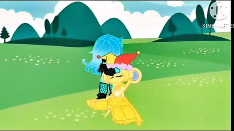 Animated blue-haired elf in Santa hat and fishnets hugs yellow slime mouse friend