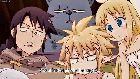 Hentai anime with blonde elf girl in suggestive scene with males