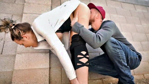 Blonde woman bent over fucked doggystyle outdoors behind restaurant, almost caught