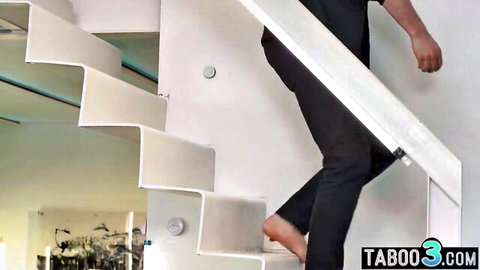 Tanned skinny babe pants down around ankles barefoot climbing white stairs teasing