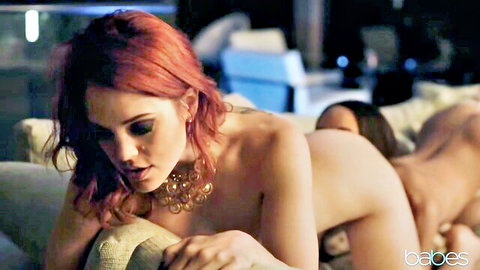 Nude redhead babe scissors wet shaved pussy with brunette on couch