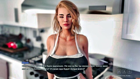 Busty blonde housewife in open apron exposing huge bare tits in kitchen