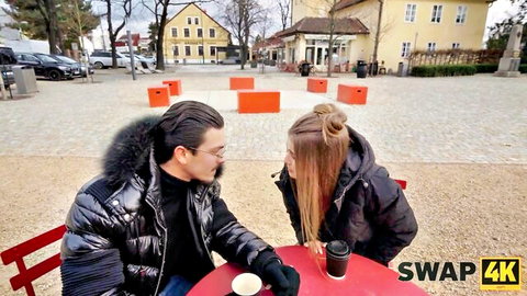 Veronica Leal and partner cozy chat outdoors before hot threesome