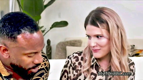 Blonde MILF in leopard top eyes black neighbor hungrily