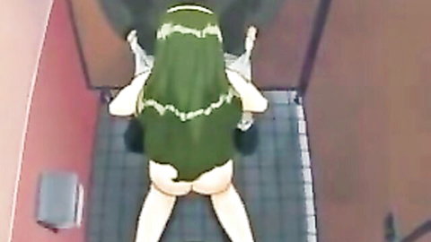Green-haired hentai schoolgirl bent over in stall, panties down, ass exposed