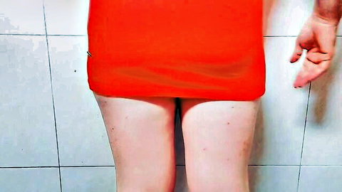 Pale sissy ass cheeks spread wide exposing tight pink anus under hiked red mini dress