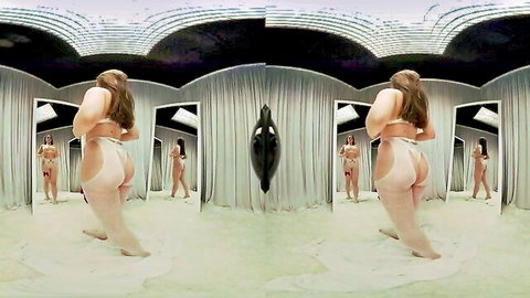 Curvy brunette in white open-crotch lingerie VR solo tease