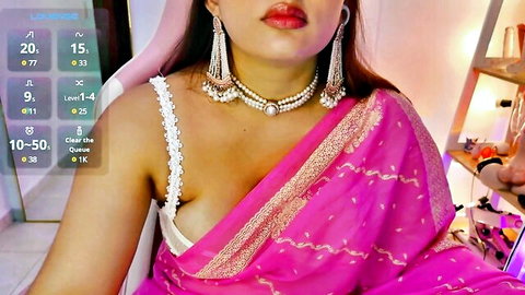Ashalisha in pink saree deep cleavage tease, sensual Indian webcam