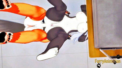 Upside-down 3D furry vixen spreads orange paws exposing creampied pussy tits and anus