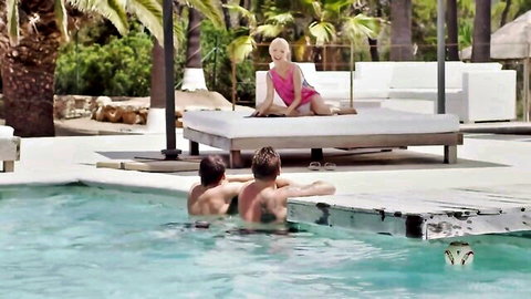 Blonde Miriama Kunkelova teases poolside with two men, outdoor threesome cumshot